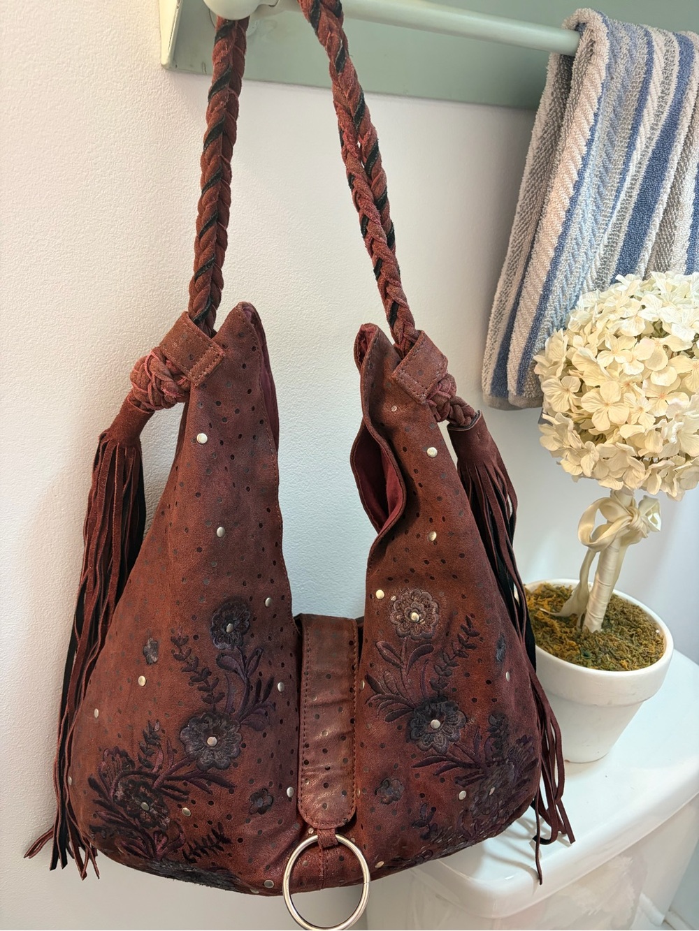 Free People Burgundy Suede Floral Embossed Fringe Hobo